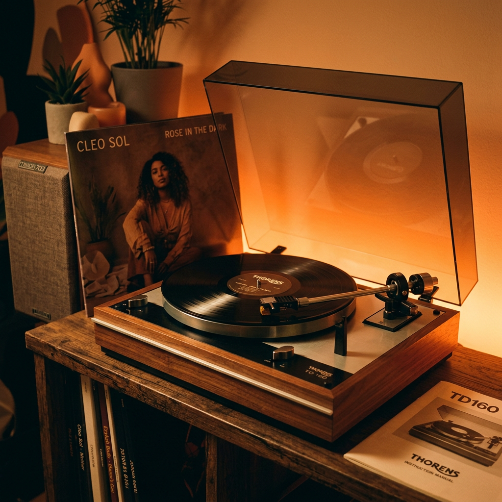 Thorens TD 160 turntable playing vinyl record with Cleo Sol album cover and user manual